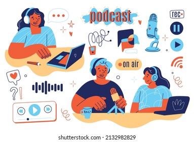 Podcast recording icons and people. Radio program participants in studio, audio show making, persons with headphone and microphone, online entertainment vector cartoon flat isolated set