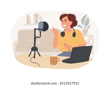 Gravação em podcast de ilustrações isoladas de desenhos animados vetoriais. Mulher feliz conversando com microfone, gravando podcast para seu blog, atividade criativa, hobby moderno, gravando vetor de fala cartoon.