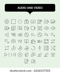 Podcast Recording Line Icons – Studio and Streaming UI Vector Set. Professional line icons for podcasters, sound engineers, and streaming platforms. Features microphone, headphones, soundwaves,