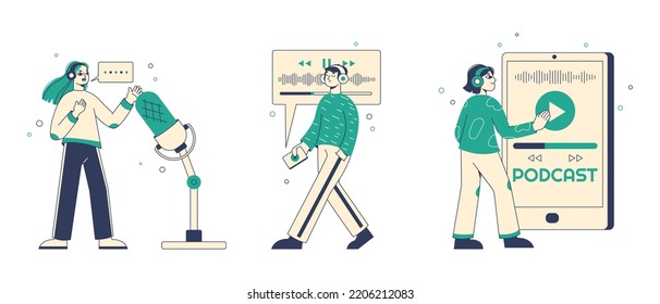 Podcast recording or listening, blogger broadcast radio show concept. People listen podcast, or music radio show flat vector illustrations set. Linear radio podcast characters
