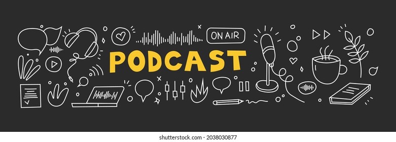 Podcast recording and listening, broadcasting, online radio, audio streaming service Concept. Headphones, microphone, laptop, equalizer, speech bubbles. Hand drawn Vector set. Isolated elements.