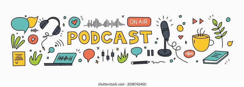 Grabación y escucha de podcast, radiodifusión en línea, servicio de transmisión de audio Concepto. Auriculares, micrófono, laptop, ecualizador, burbujas de voz. Juego de vectores dibujado a mano. Elementos aislados.