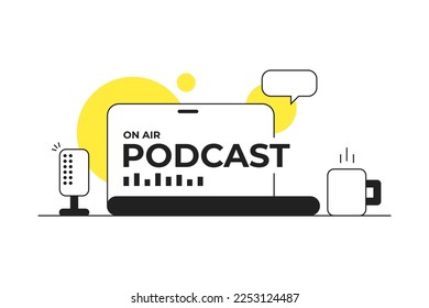 Grabación y escucha de podcast, radiodifusión en línea, servicio de transmisión de audio Concepto. Auriculares, micrófono, laptop, ecualizador, burbujas de voz. Concepto de icono de podcast.