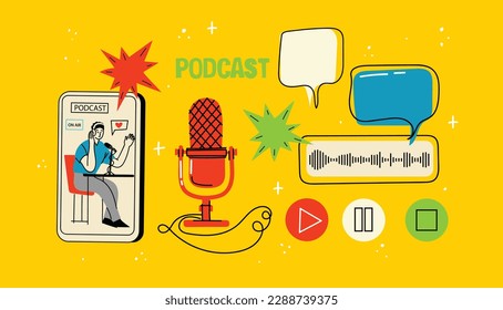 Podcast recording and listening, broadcasting, online radio, audio streaming service concept. Hand drawn vector isolated illustrations of headphones, microphone, laptop, equalizer, speech bubbles.