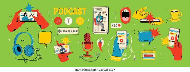 Podcast recording and listening, broadcasting, online radio, audio streaming service concept. Hand drawn vector isolated illustrations of headphones, microphone, laptop, equalizer, speech bubbles.