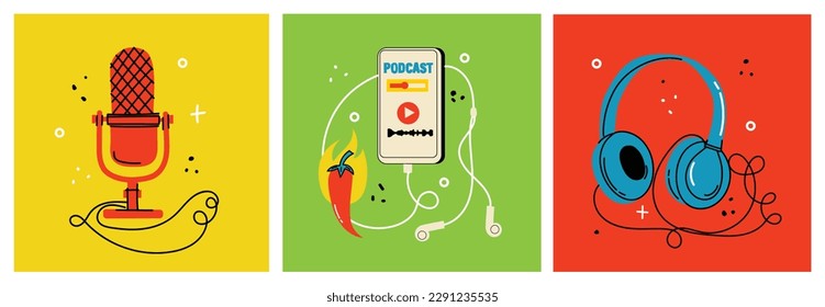 Podcast recording and listening, broadcasting, online radio, audio streaming service concept.