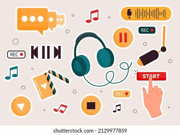 Podcast Recording And Listening Icon Set. Stickers With Microphone, Headphones, Equalizer, Start, Stop And Record Buttons. Online Radio. Cartoon Flat Vector Collection Isolated On Beige Background