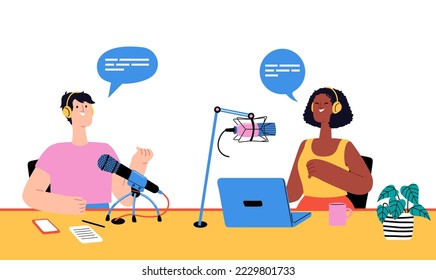 Podcast recording, radio programs for interview online. Vector of online microphone broadcast, studio speaker entertainment, program broadcasting show illustration