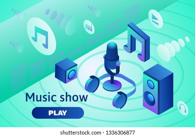 Podcast recording sound studio, Isometric music radio show 3d illustration, modern concert poster or audio blog concept, vector landing page, ui ux design with  microphone, guitar