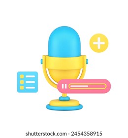 Podcast recording voice audio media information broadcasting microphone 3d icon realistic vector illustration. Radio sound show streaming internet music entertainment DJ speak communication technology