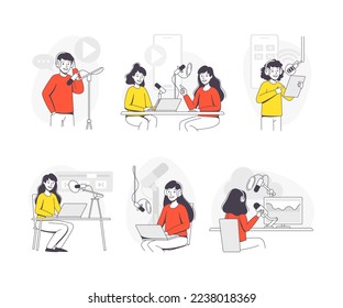 Podcast Recording with Young Man and Woman with Microphone Broadcasting and Live Streaming Outline Vector Set