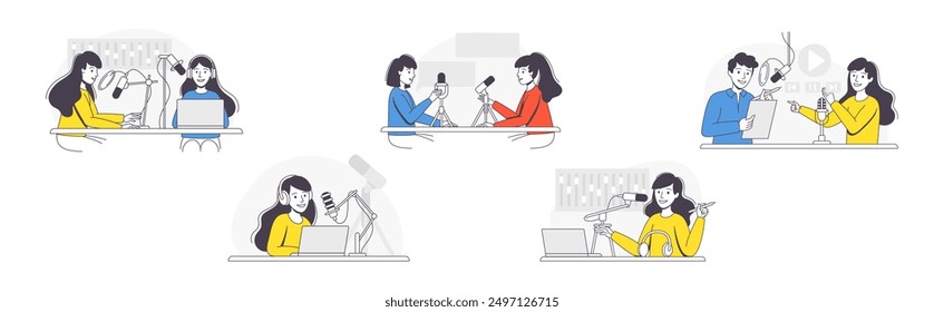 Podcast Recording with Young Man and Woman with Microphone Broadcasting and Live Streaming Outline Vector Set