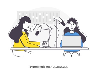 Podcast Recording with Young Woman with Microphone Broadcasting and Live Streaming Outline Vector Illustration