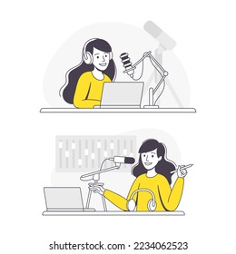 Podcast Recording with Young Woman with Microphone Broadcasting and Live Streaming Outline Vector Set