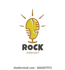 Podcast Rock logo combines of hand holding a microphone for podcast, music and entertainment concept