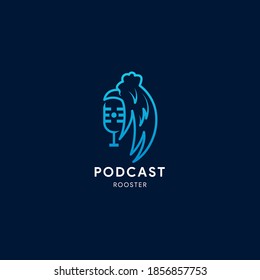 podcast rooster logo design template. soft blue gradient icon isolated dark blue background.