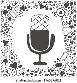 Podcast round badge with  microphone, headphones, phone, note, sound. Black podcasts symbols isolated on white background. Vector circle sketch concept.Podcast and broadcast.