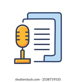 Documento de script do podcast. Gravação de voz e documento de texto.  Simboliza criação de conteúdo, podcasting ou transcrição de áudio.