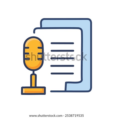 Podcast script document. Voice recording and text document.  Symbolizes content creation, podcasting, or audio transcription.