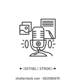 Icono de línea de script de podcast. Mostrar el plan, las notas, los códigos de tiempo, los vínculos y los materiales en descripción. Grabación digital en Internet, concepto de transmisión en línea. Ilustración vectorial aislada. Trazo editable 