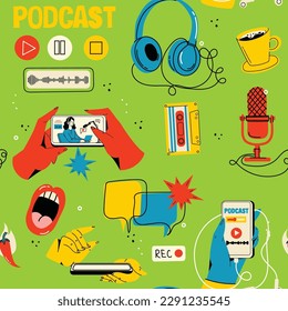 Podcast seamless pattern. Background for blogging, vlogging and live streaming. Hand-drawn print with podcast elements, headphones, speech bubbles, microphone.