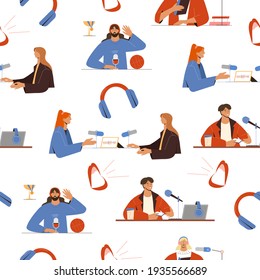 Podcast seamless pattern. Background for blogs, broadcasting, radio shows covers with headphones, microphones, people. Vector illustration