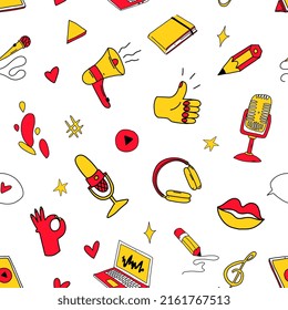 Podcast seamless pattern in doodle cartoon style. Vector seamless pattern background with illustrations and equipment of podcast