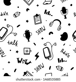 Podcast seamless pattern in grunge style. Live music. Karaoke icon. Speaker symbol.