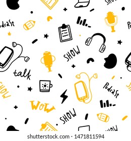 Podcast seamless pattern in grunge style. Live music. Karaoke icon. Speaker symbol