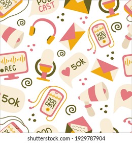 Podcast seamless pattern. Hand-drawn vector illustration print with podcast elements, headphones, speech bubbles, microphone