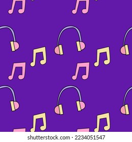 Podcast seamless pattern with music notes and headphones on purple background
