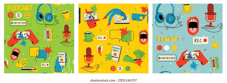 Podcast seamless patterns. Backgrounds for blogging, vlogging and live streaming. Hand-drawn print with podcast elements, headphones, speech bubbles, microphone.