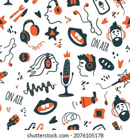 Podcast seamless vector pattern.  Handdrawn elements. Heads in headphones, microphones, earphones, speeking mouth etc