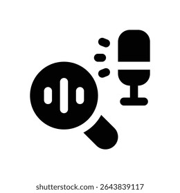 ícone de glifos de pesquisa em podcast. Ícone vetorial forte e sólido para sites, interfaces móveis, apresentações e marca visual. Alta qualidade e fácil de editar.