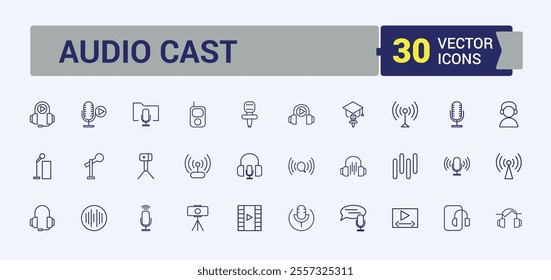 Podcast Series icon pack. Related to social, phone, talk, media, ui, head, mic and more. Collection for mobile and web apps. Editable vector icon and illustration.