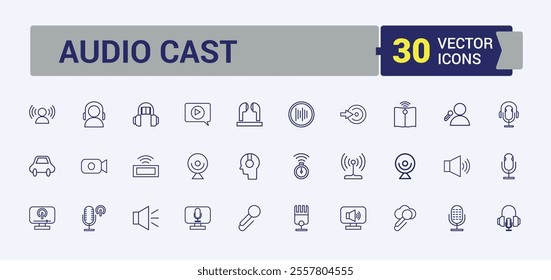 Podcast Series icon pack. Related to social, phone, talk, media, ui, head, mic and more. Collection for mobile and web apps. Editable vector icon and illustration.