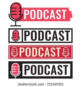 Podcast. Set of badges, icons, stamps, logos. Vector illustrations on white background. Business concept.