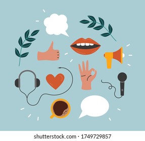 Podcast set. Collection of stickers about podcasting: microphone, headphones, loudspeaker, speech bubbles. Communication, sound, audio concept. Hand drawn isolated vector elements in trendy style