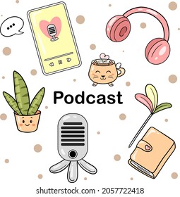 Podcast. Un conjunto de elementos de diseño para un podcaster. Equipo para un podcast de audio en su estudio o oficina. Objetos aislados. Ilustración vectorial.