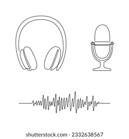 Conjunto de podcast dibujado en una línea continua. Dibujo de una línea, minimalismo. Ilustración vectorial.