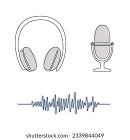 Podcast set drawn in one continuous line in color. One line drawing, minimalism. Vector illustration.