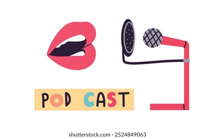 Podcast set. Podcast elements, microphone, headphones, player, recording. A person records a podcast. Cartoon vector illustration in flat style isolate on white .