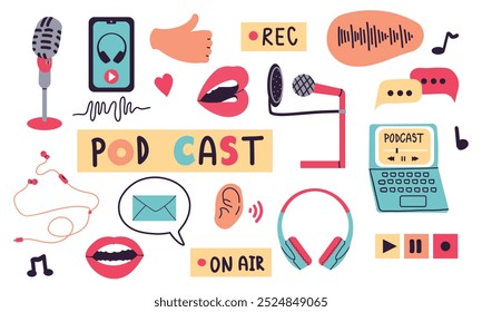 Podcast set. Podcast elements, microphone, headphones, player, recording. A person records a podcast. Cartoon vector illustration in flat style isolate on white .