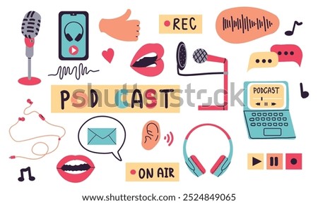 Podcast set. Podcast elements, microphone, headphones, player, recording. A person records a podcast. Cartoon vector illustration in flat style isolate on white .