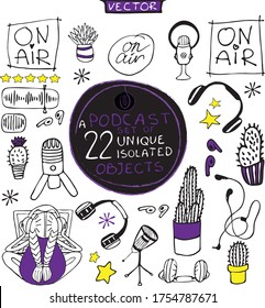 Podcast Set von handgeschriebenen, isolierten Vektorobjekten. 22 einzigartige Symbole für die Podcast-Kreation, einschließlich Schriften und Dekoration.