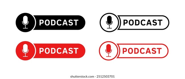 Podcast set icons. Silhouette, linear and flat style. Vector icons.