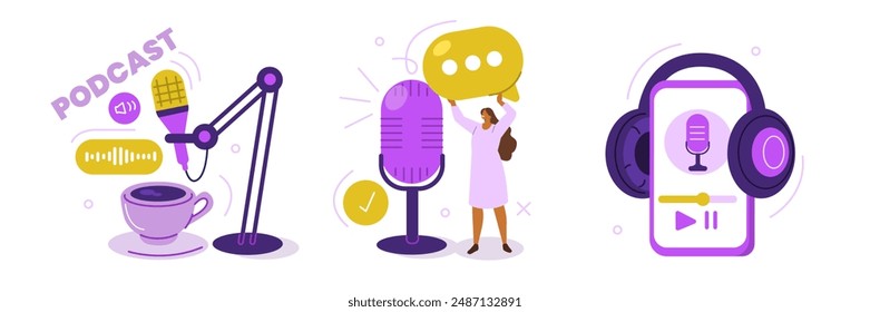 Podcast set. Influencer character standing near microphone and recording radio podcast. Vector illustration.
