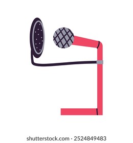 Podcast set. Influencer character standing near microphone and recording radio podcast. Vector illustration.