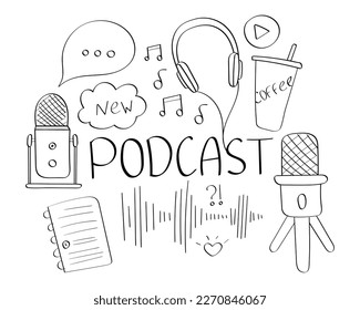 Podcast Set. Listen and record broadcasts. Conversations, discussion of topics and news. Microphones and wired headphones. Podcast Items. Notes, voice. Glass of coffee. Outline drawn illustration
