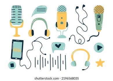 Conjunto de podcast. Ilustración vectorial. Estilo Doodle. Colección para difusión. Micrófonos y audífonos.